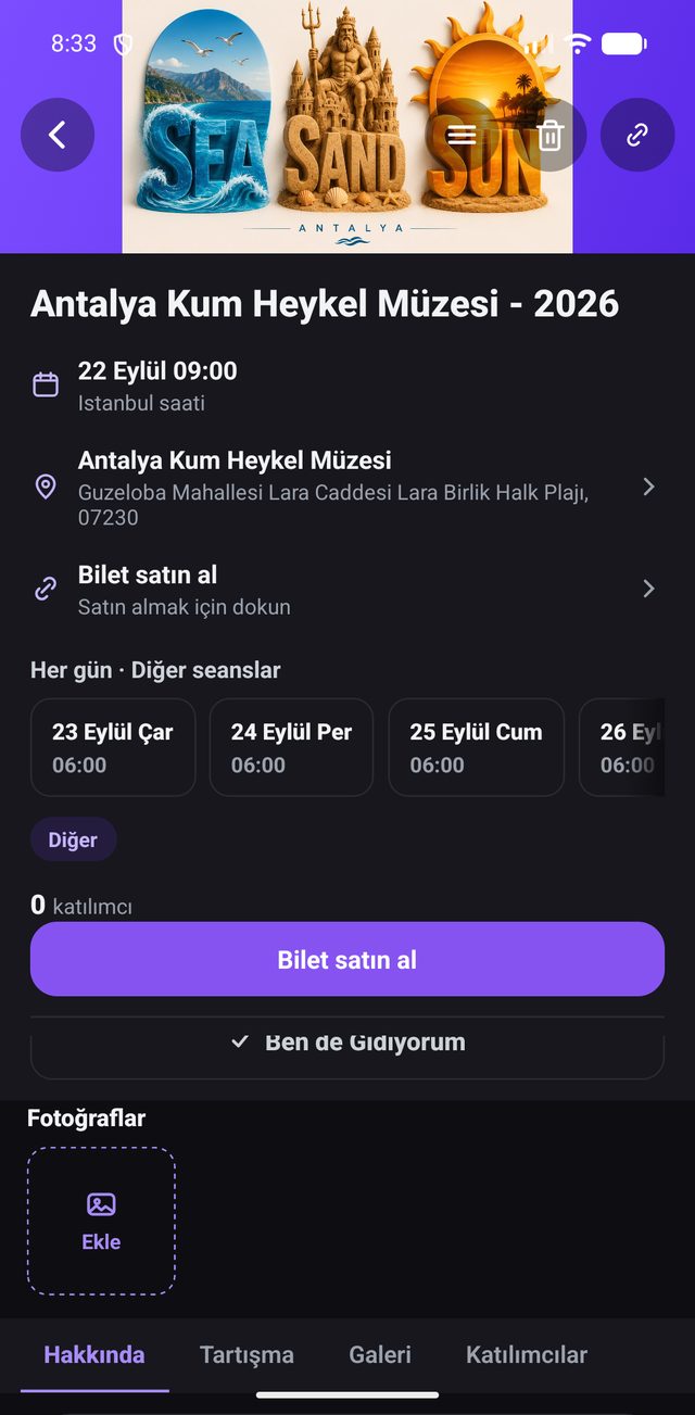 Unio etkinlik ekranı: tarih, mekân, bilet bağlantısı ve katılım seçeneği
